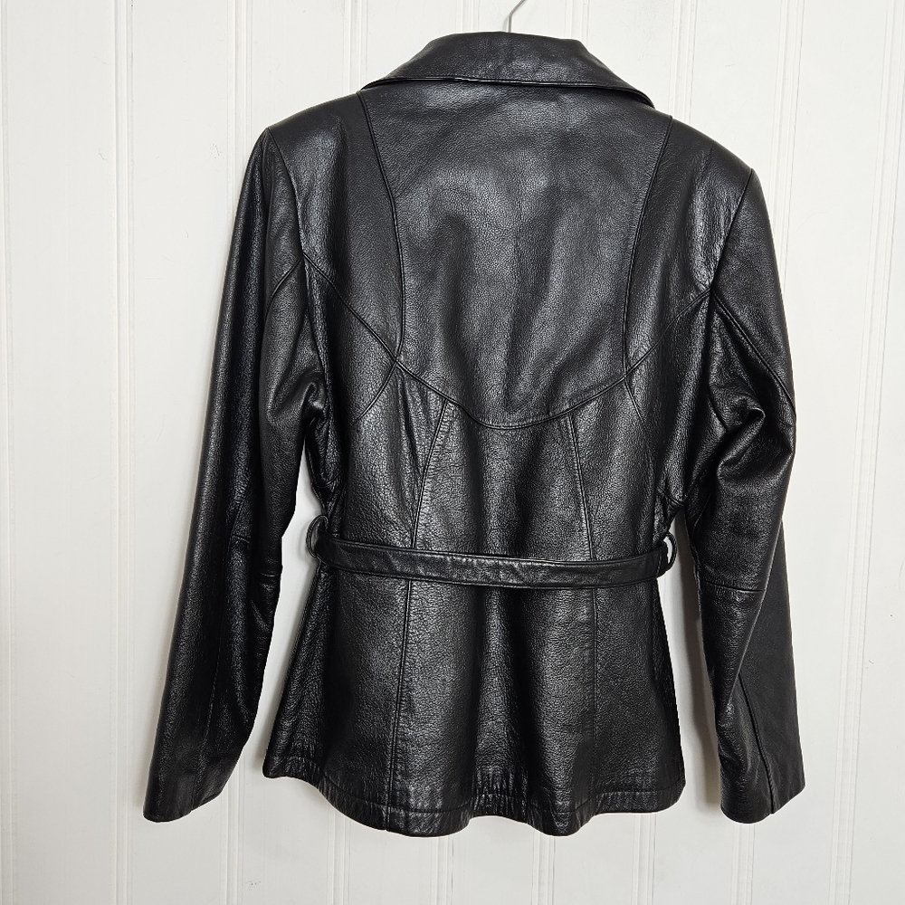 Vintage Wilson Maxima Black Leather Belted Trench Coat Jacket Size S Cinch Waist - Picture 5 of 12